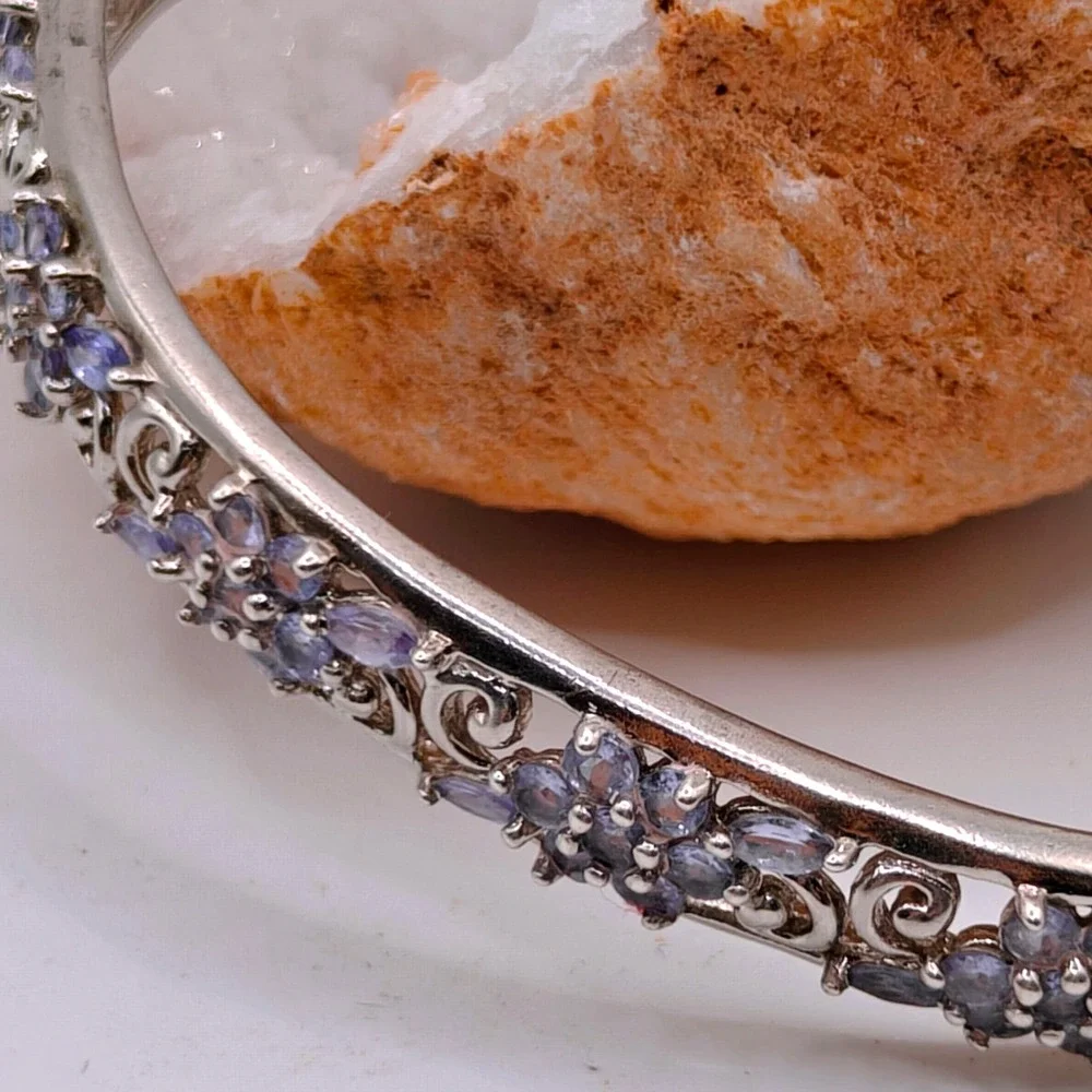 Sterling Silver 925 Amethyst Filigree Floral Cuff Bracelet Thailand Purple Gem